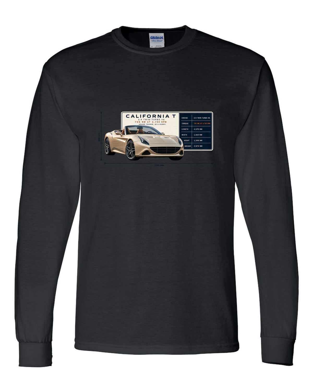 Spec poster print of the Ferrari California T in champagne tones black long sleeve front view with the design