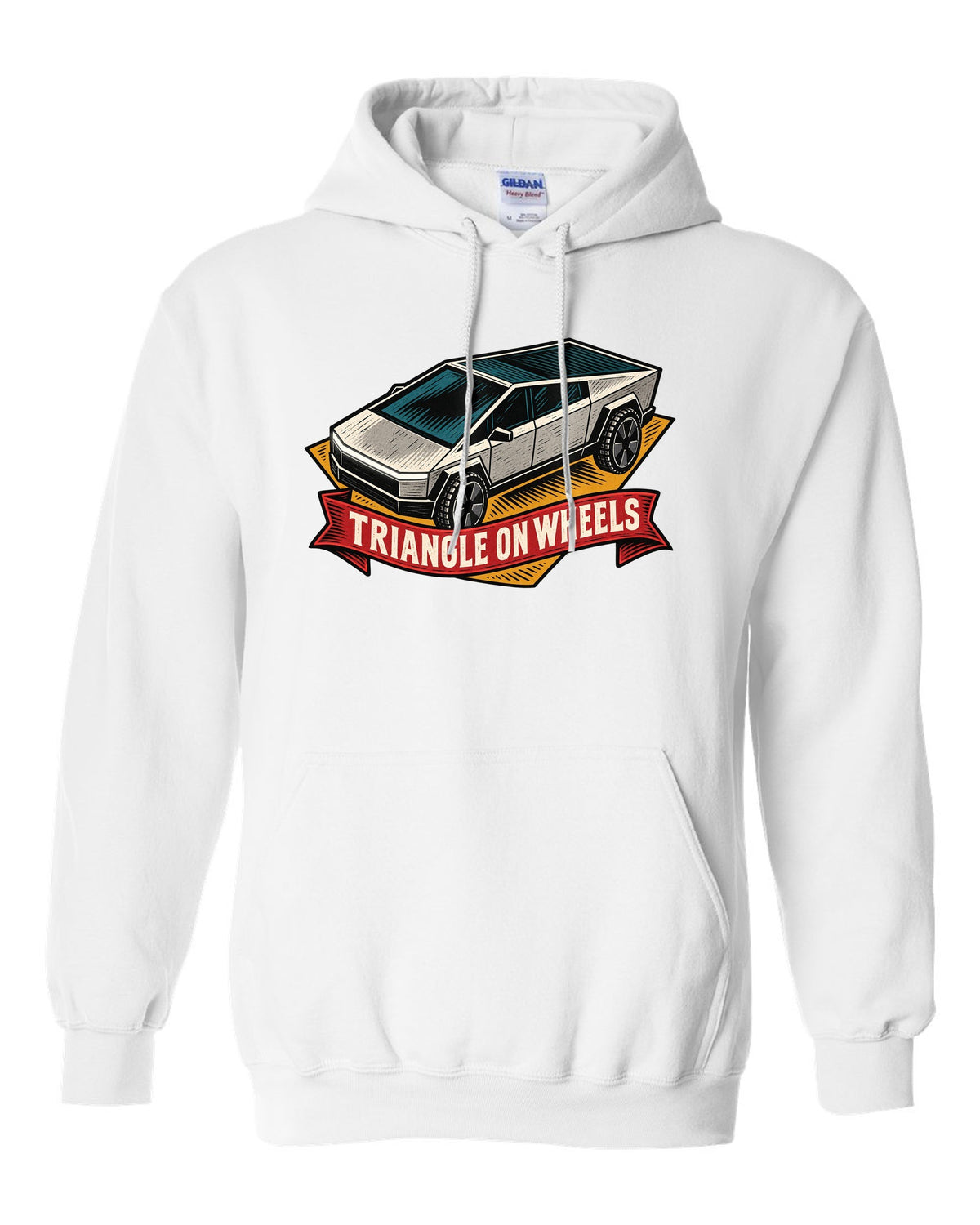 Bold linocut woodblock print of a 2023 Tesla Cybertruck with the words Triangle on Wheels white pull over hoodie front view with the design
