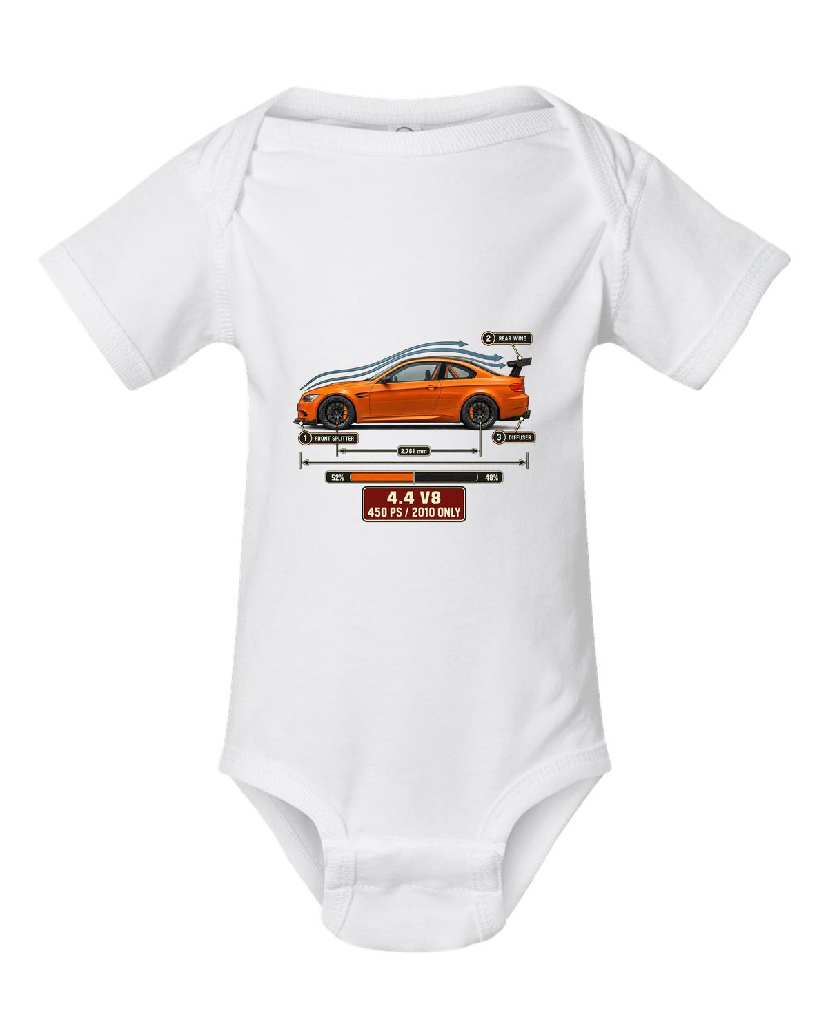BMW M3 E92 GTS coupe aero callouts print white baby onesie front view with the design