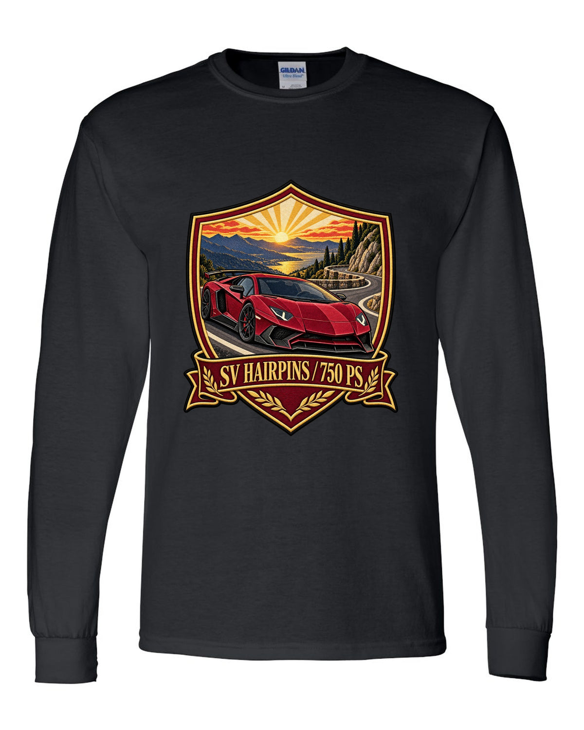 Embroidery-style shield crest of a Lamborghini Aventador LP750-4 SV on a golden hour hairpin black long sleeve front view with the design
