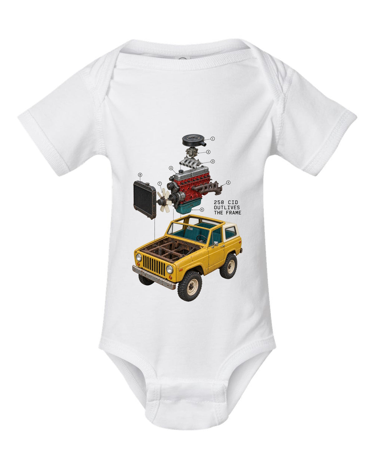 Exploded cutaway engine print of a Jeep CJ-7 258 CID inline-six white baby onesie front view with the design