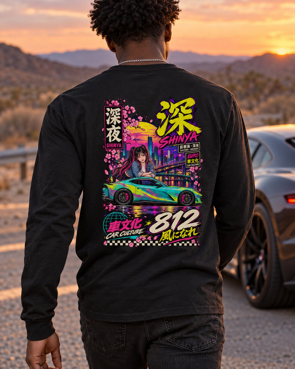 SHINYA 812 Anime Girl Full-Back Graphic Tee Long Sleeve Black worn hero