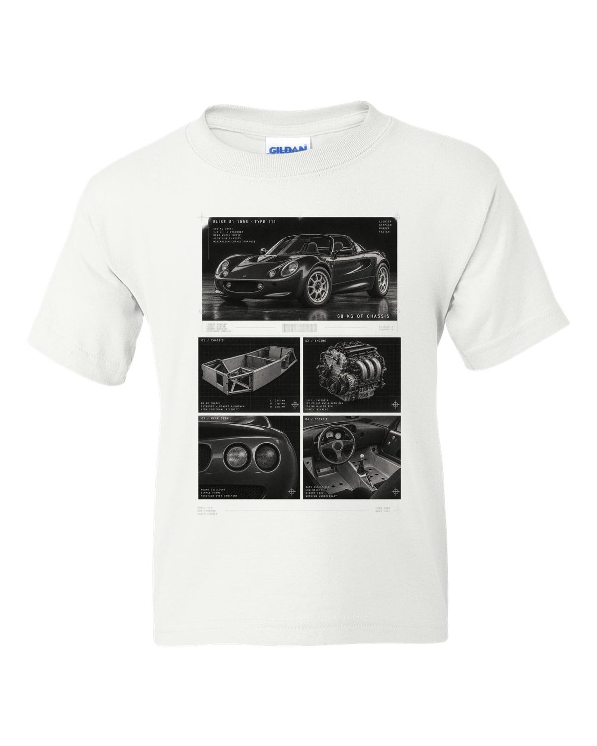 Dossier panel print of a 1996 Lotus Elise S1 Type 111 with 68 kg of chassis text white kids tee front view with the design