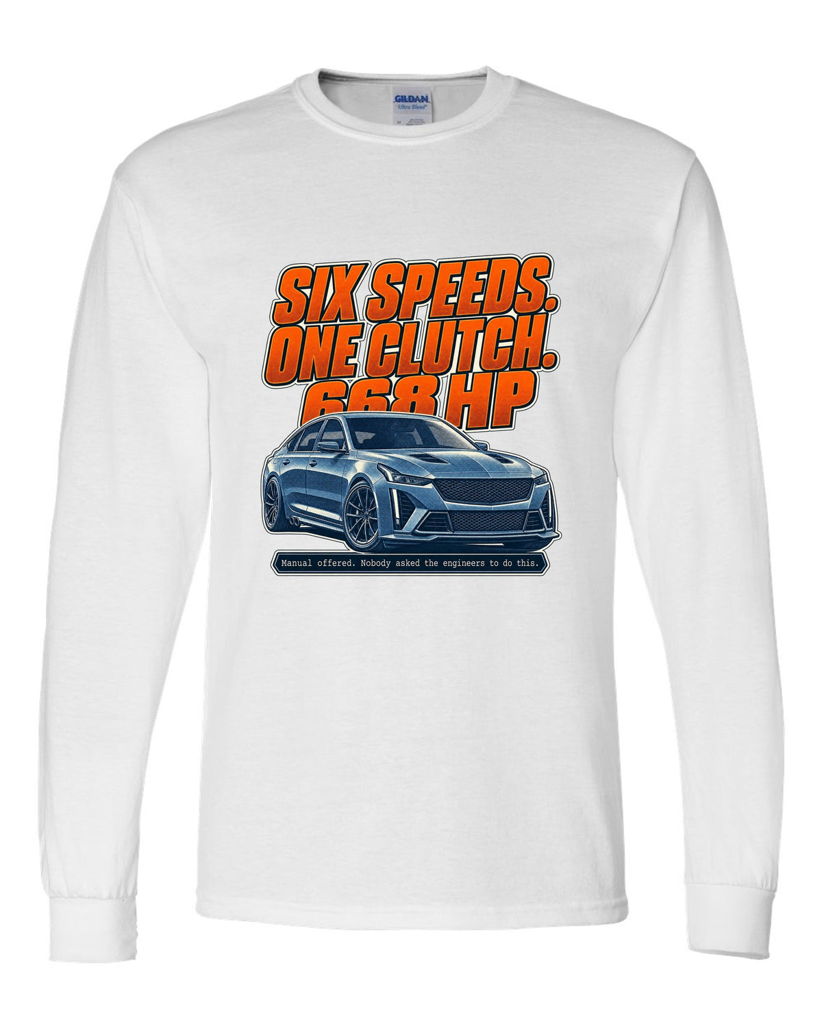 Halftone print of a Cadillac CT5-V Blackwing with six-speed manual text white long sleeve front view with the design