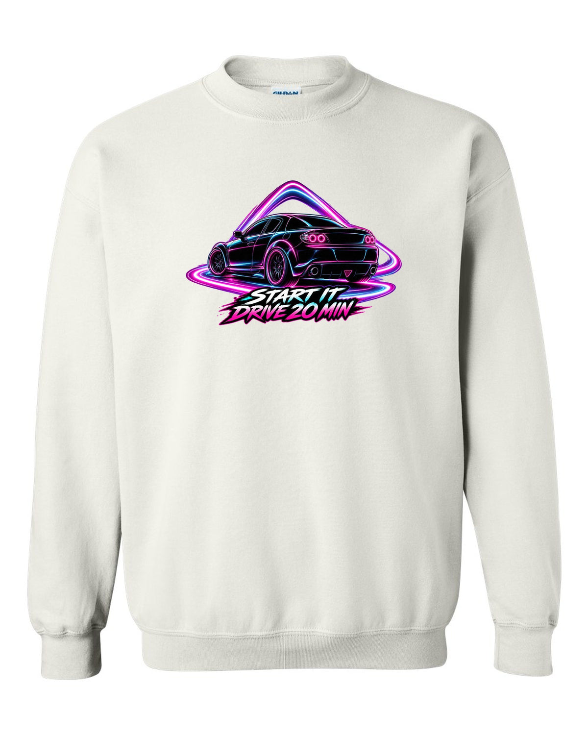 Neon outline light painting of a Mazda RX-8 SE3P with START IT / DRIVE 20 MIN lettering white crewneck front view with the design