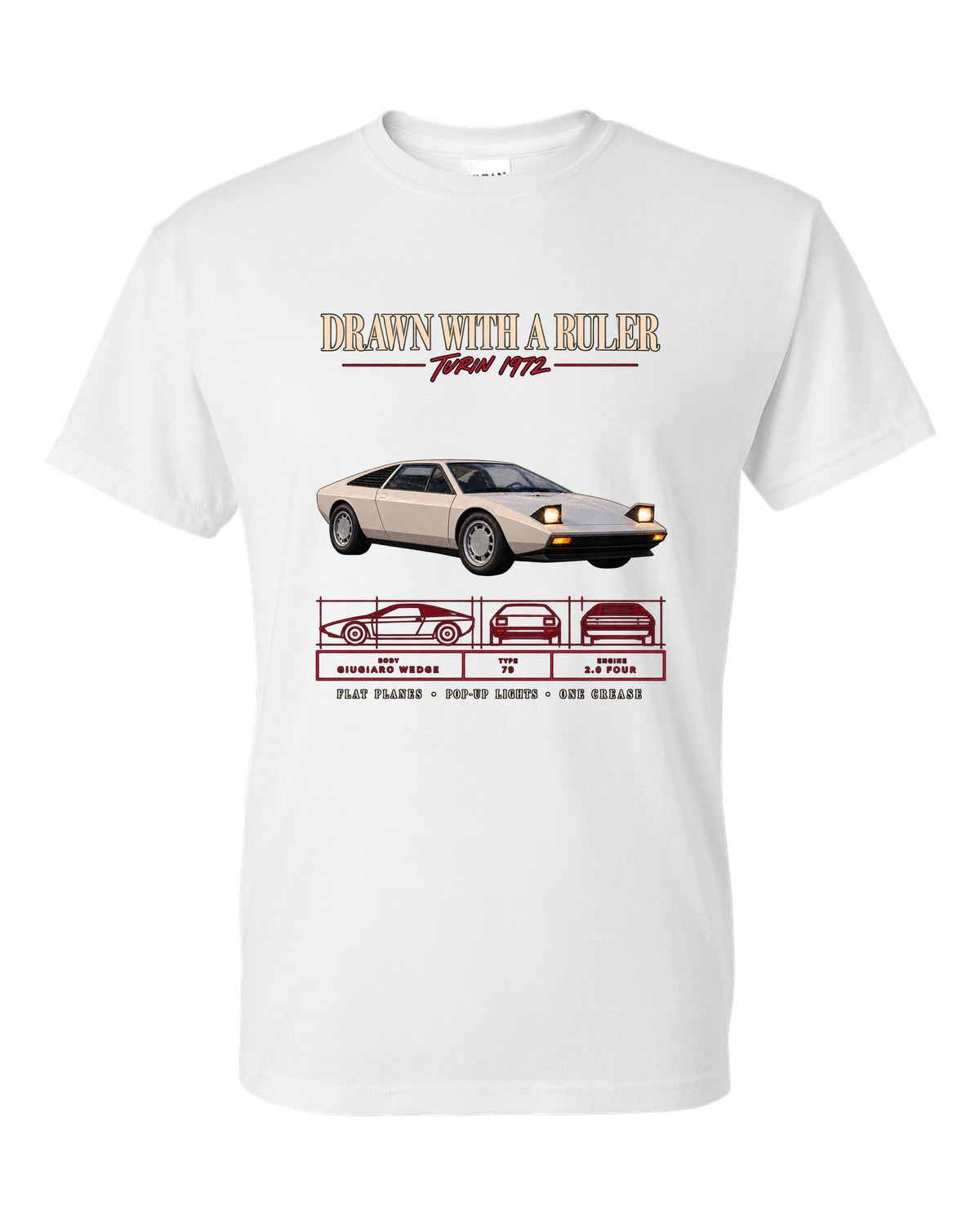 Archive panel print of a 1976 Lotus Esprit S1 Type 79 with Giugiaro wedge text white t-shirt front view with the design
