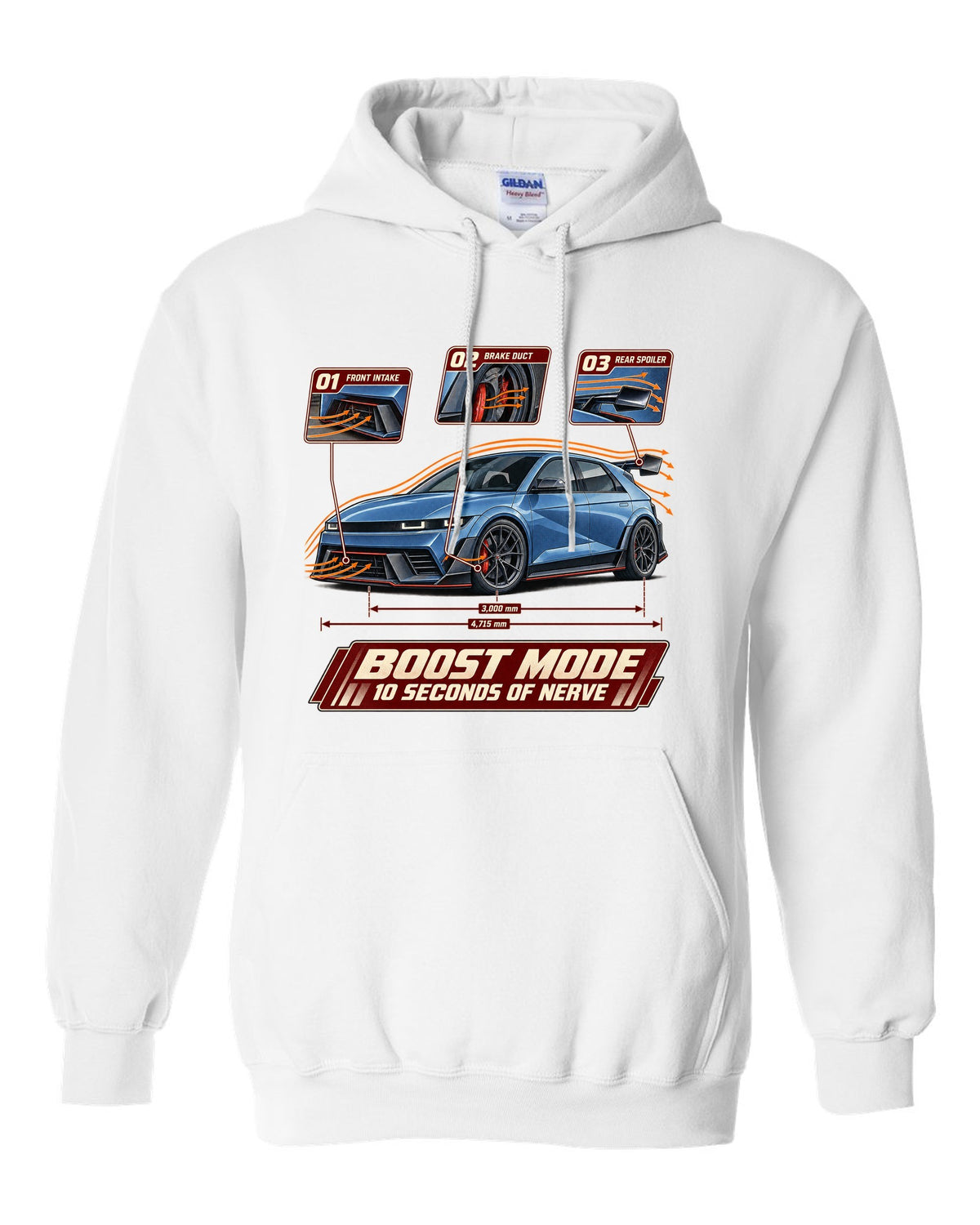 Hyundai Ioniq 5 N aero cutaway callouts print white pull over hoodie front view with the design