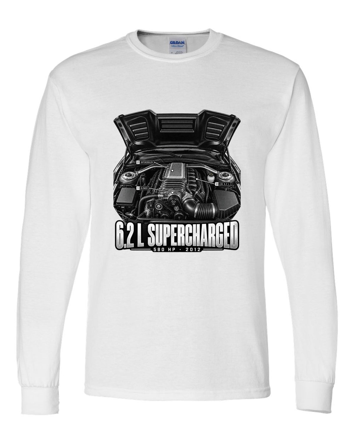 Engine hero print of a supercharged 6.2 L LSA in a 2013 Chevrolet Camaro ZL1 with numbered callouts white long sleeve front view with the design