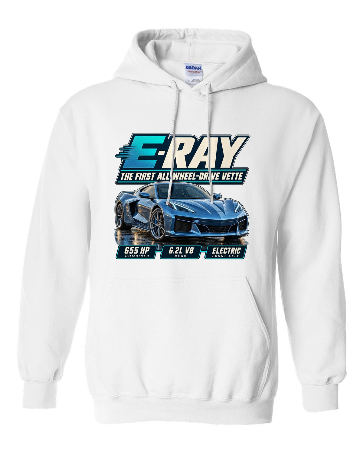 Editorial headline print of a Chevrolet Corvette C8 E-Ray, the first all-wheel-drive Vette white pull over hoodie front view with the design