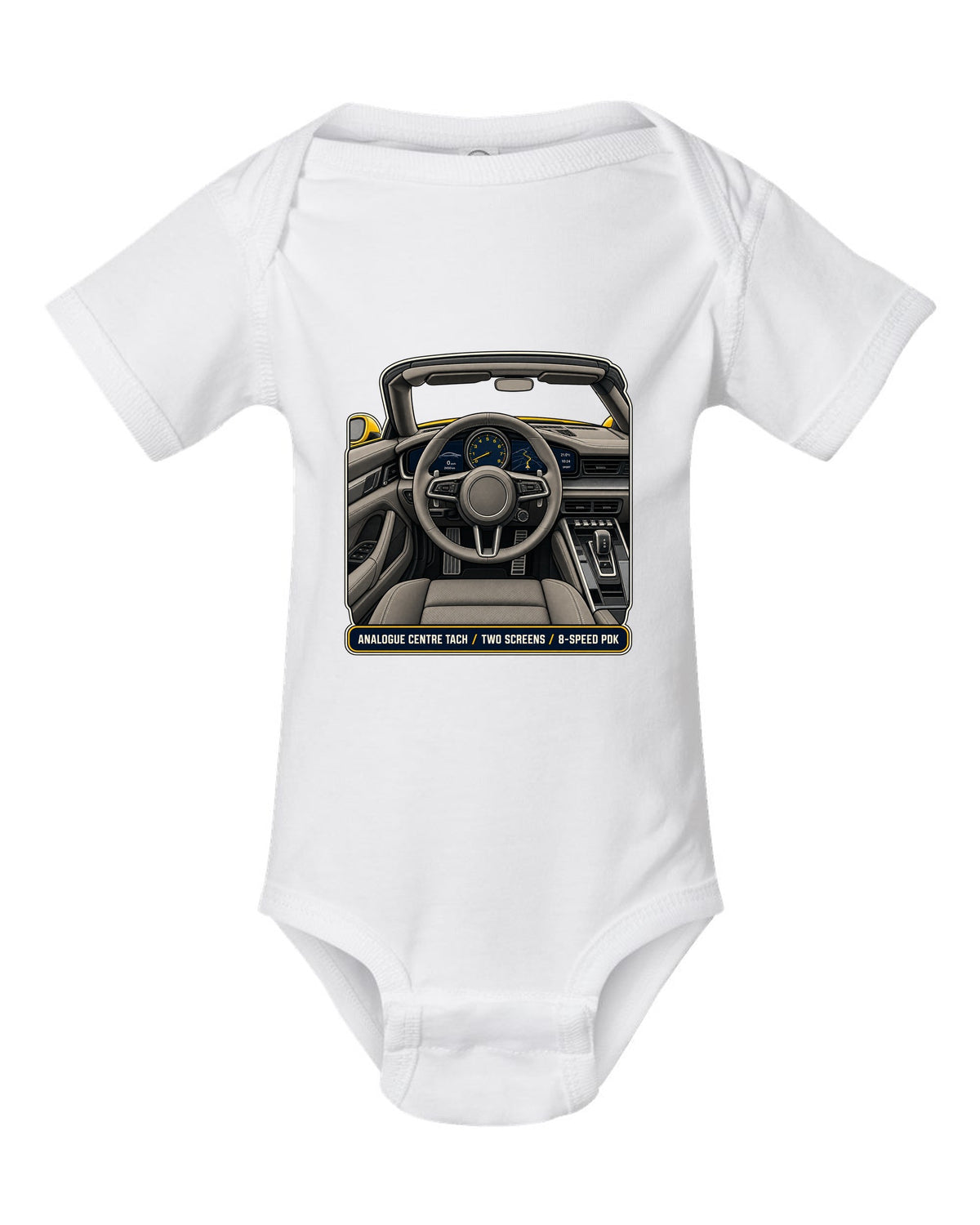 Cockpit and gauge print of a Porsche 992 Carrera S Cabriolet white baby onesie front view with the design