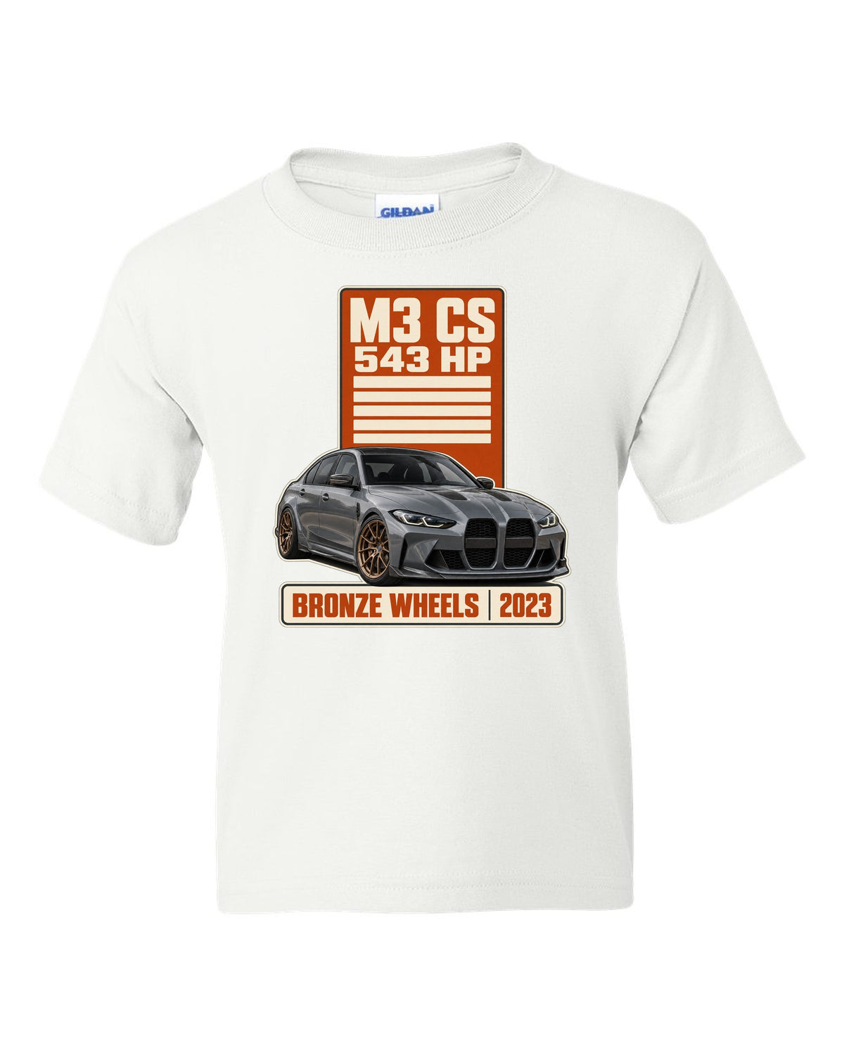 BMW M3 CS G80 spec poster print with 543 hp and bronze wheels text white kids tee front view with the design