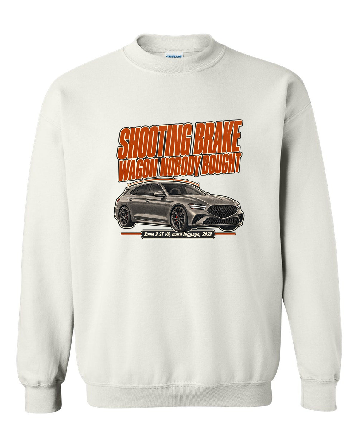 Editorial headline print for the Genesis G70 Shooting Brake reading wagon nobody bought white crewneck front view with the design