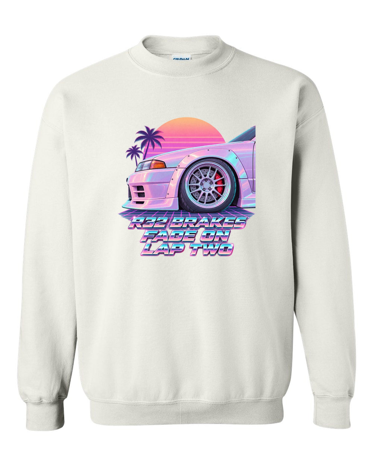 Vaporwave pastel print of a brake wheel with Nissan Skyline GT-R BNR32 brake fade lettering white crewneck front view with the design