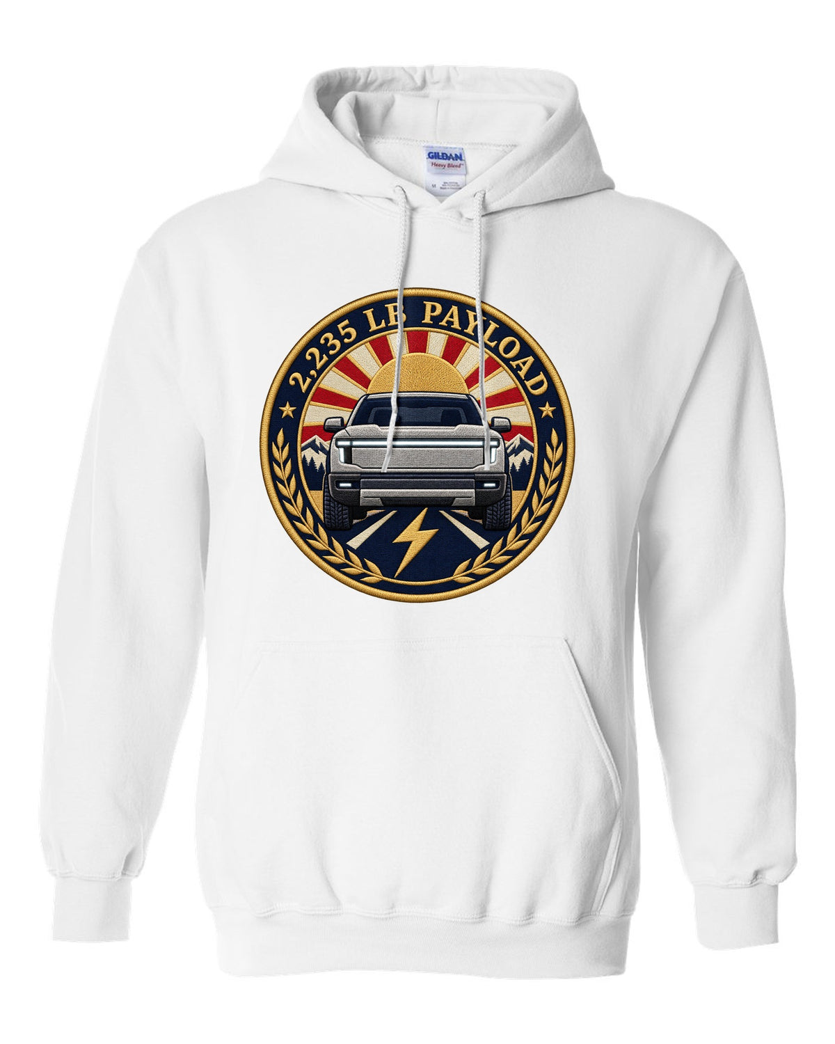 Ford F-150 Lightning embroidery-style round crest with 2,235 lb payload text white pull over hoodie front view with the design