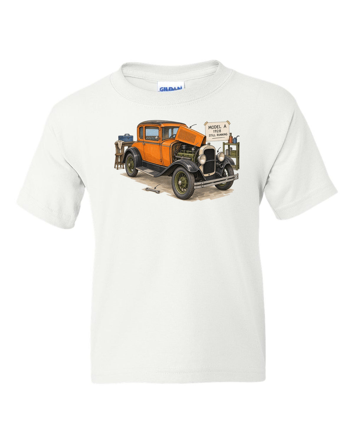 Ink and marker sketch of a 1928 Ford Model A coupe with still running lettering white kids tee front view with the design