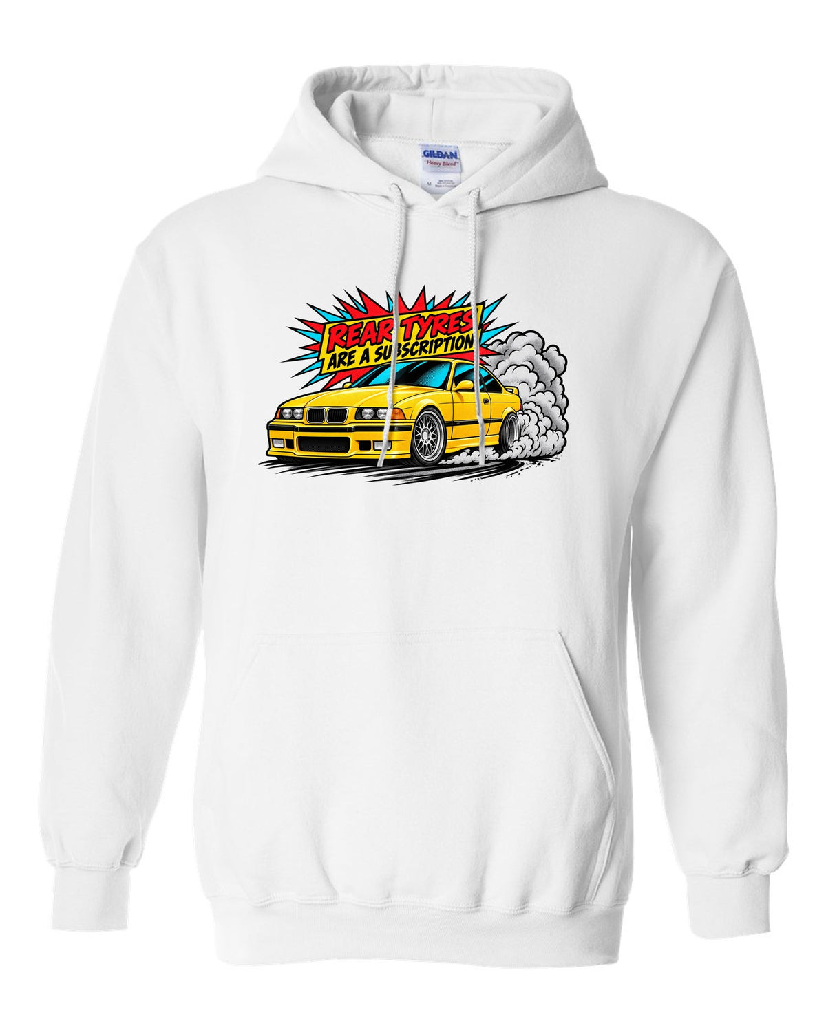 Risograph illustration of the stripped cockpit of a BMW E36 M3 Lightweight 1995 white pull over hoodie front view with the design