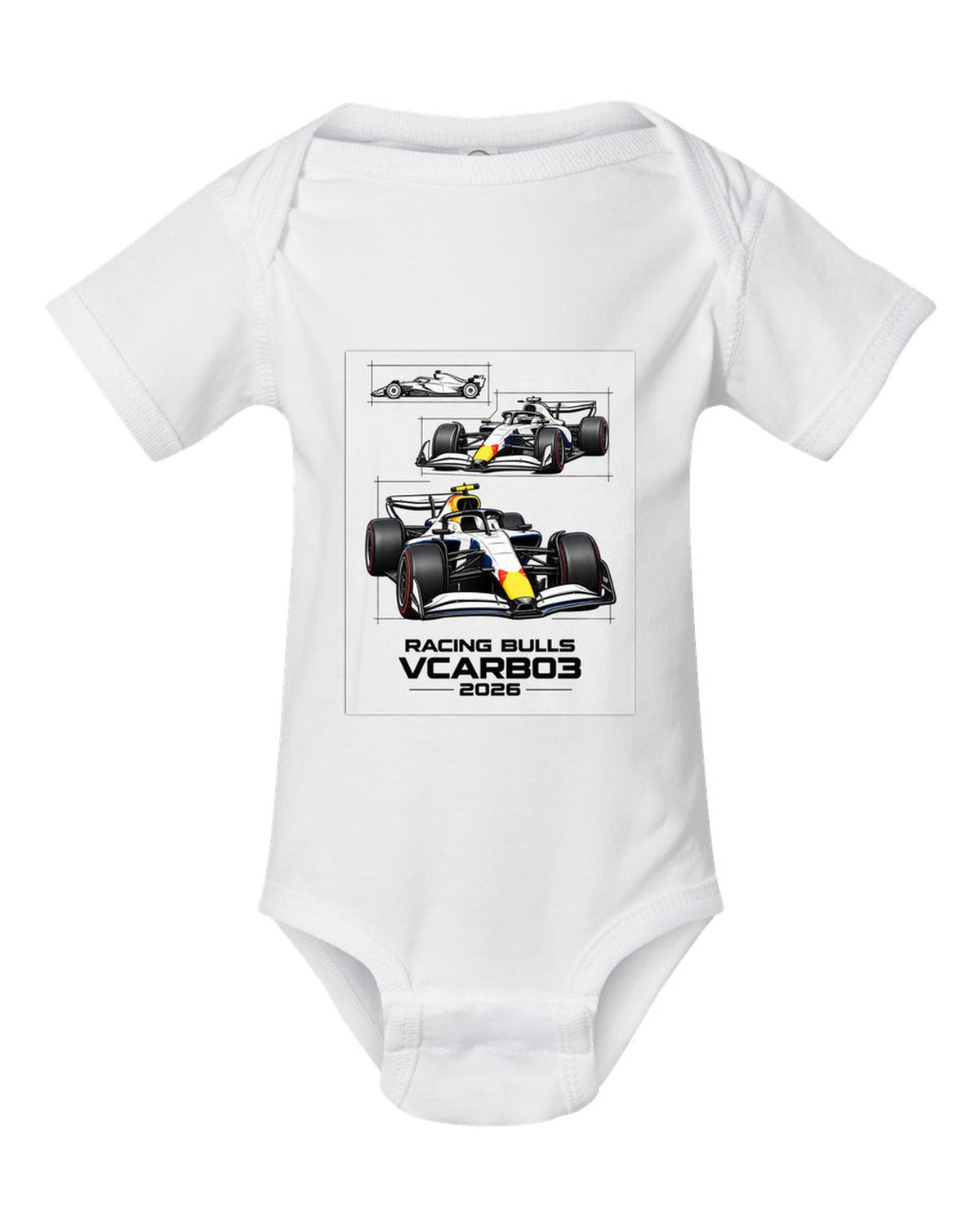 Racing Bulls VCARB 03 2026 F1 car technical poster artwork white baby onesie front view with the design