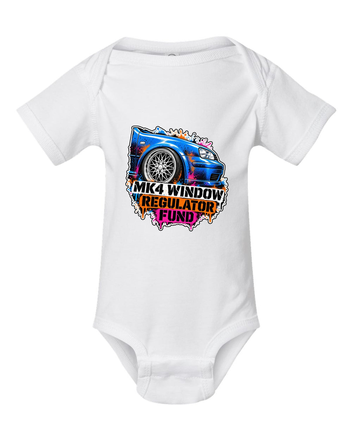 Stencil spray print of a VW Golf Mk4 with mesh wheels and window regulator fund text white baby onesie front view with the design