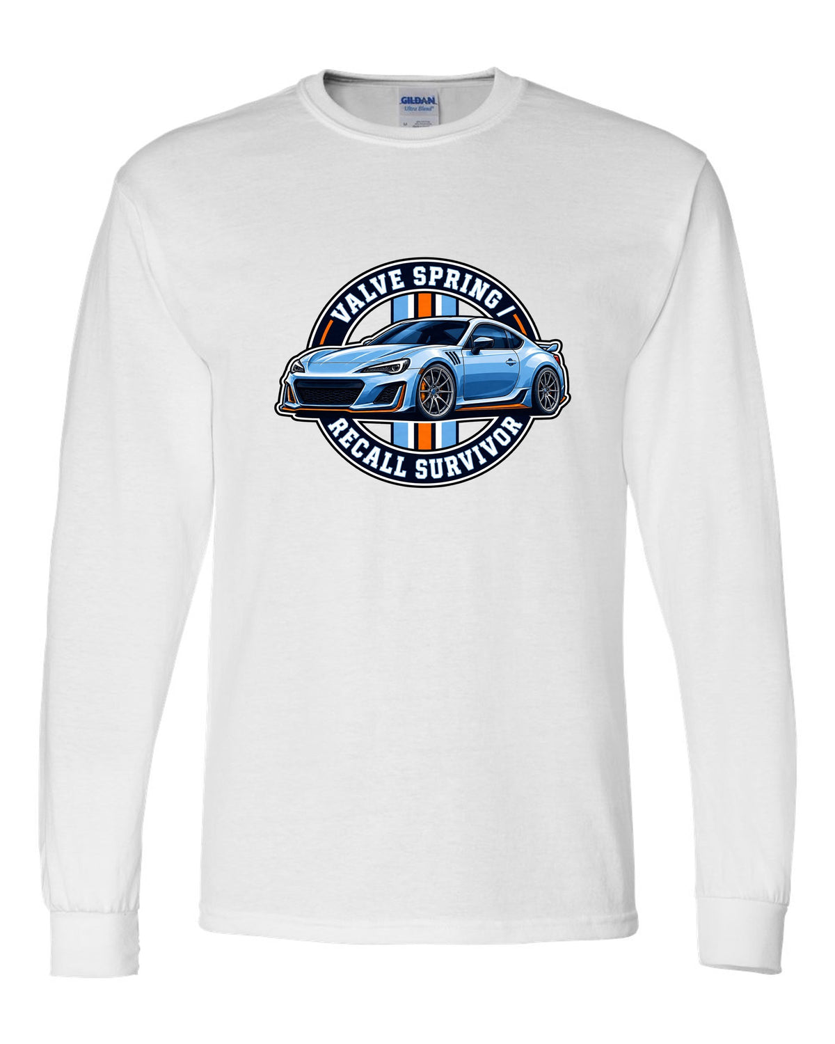 Round varsity crest design for a Subaru BRZ ZC6 reading valve spring recall survivor white long sleeve front view with the design