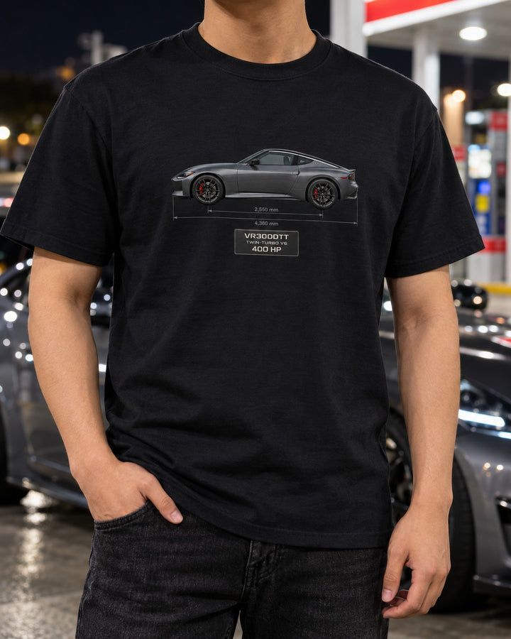 2024 Nissan Z NISMO Spec Panel Shirt, Dossier Print T-Shirt Black worn hero