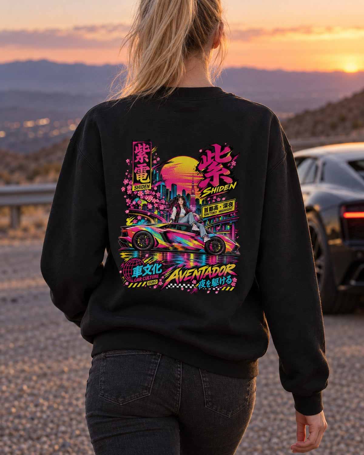 SHIDEN AVENTADOR Anime Girl Full-Back Graphic Tee Crewneck Black worn hero