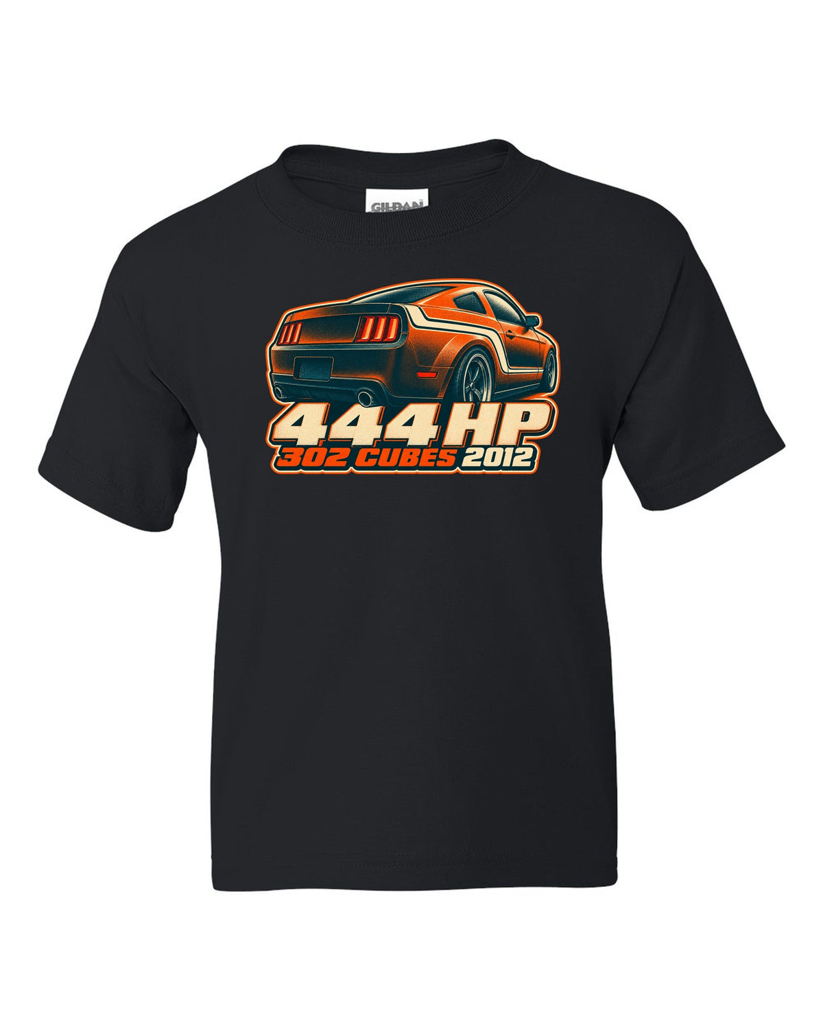 Risograph halftone stripe macro of a 2005-2014 S197 Ford Mustang with 444 HP text black kids tee front view with the design
