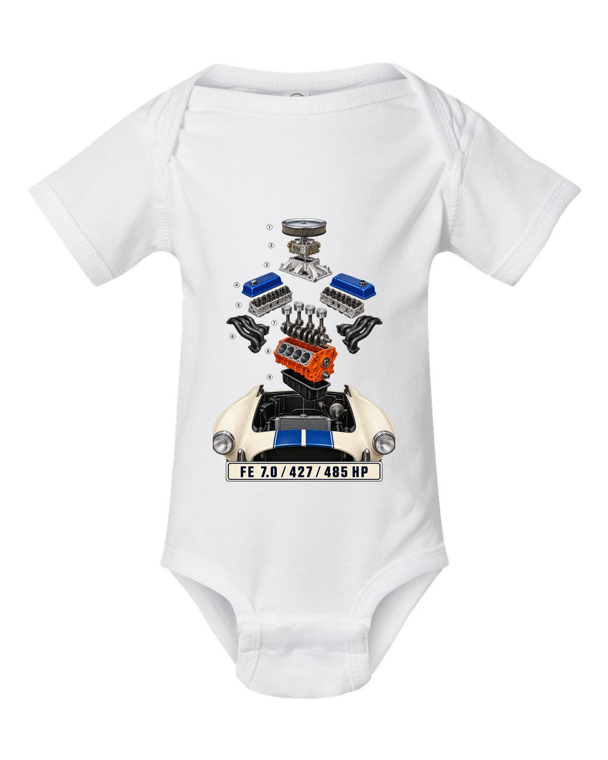 Isometric exploded view print of a Shelby Cobra 427 engine bay with FE 7.0 lettering white baby onesie front view with the design