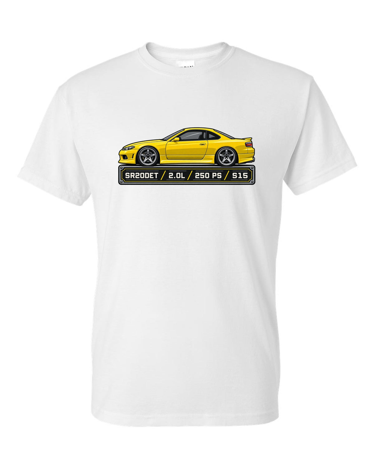 Spec-sheet data plate print for the Nissan Silvia S15 listing SR20DET 2.0L 250 PS white t-shirt front view with the design
