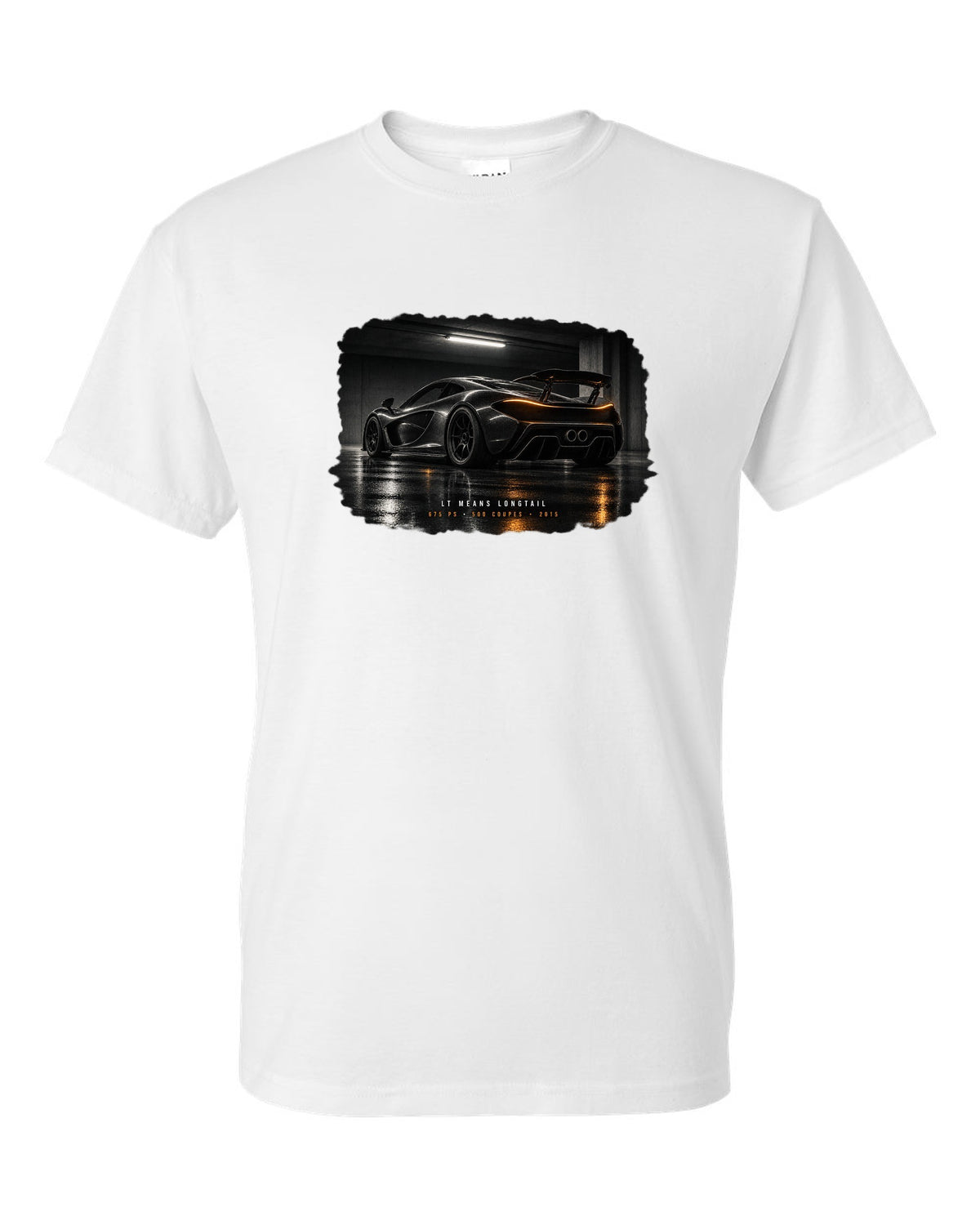 Garage night print of a 2015 McLaren 675LT with Longtail and 500 coupes text white t-shirt front view with the design
