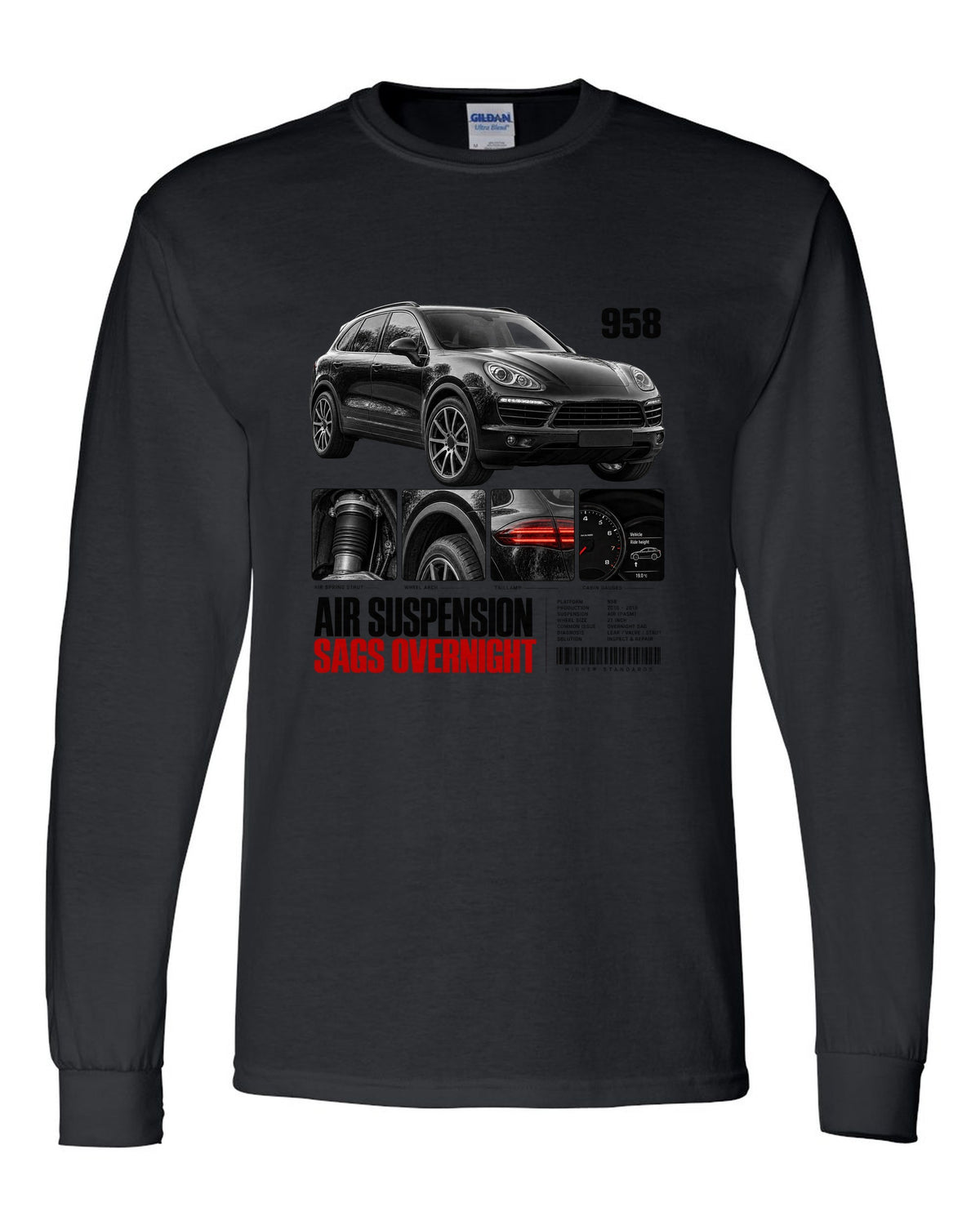 Dossier panel print of a Porsche Cayenne 958 with air suspension sags overnight caption black long sleeve front view with the design