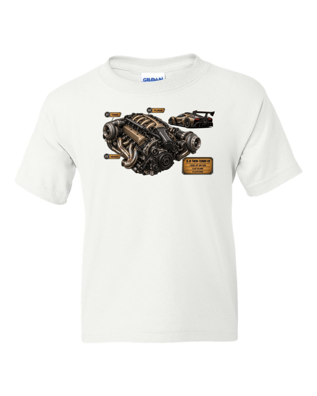 print engine hero of a Koenigsegg Jesko in bronze-grey carbon weave white kids tee front view with the design