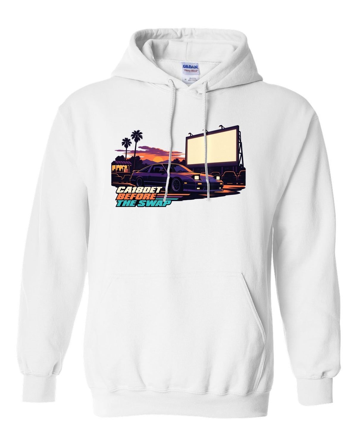 Flat vector drive-in print of a Nissan 180SX S13 with CA18DET before the swap lettering white pull over hoodie front view with the design