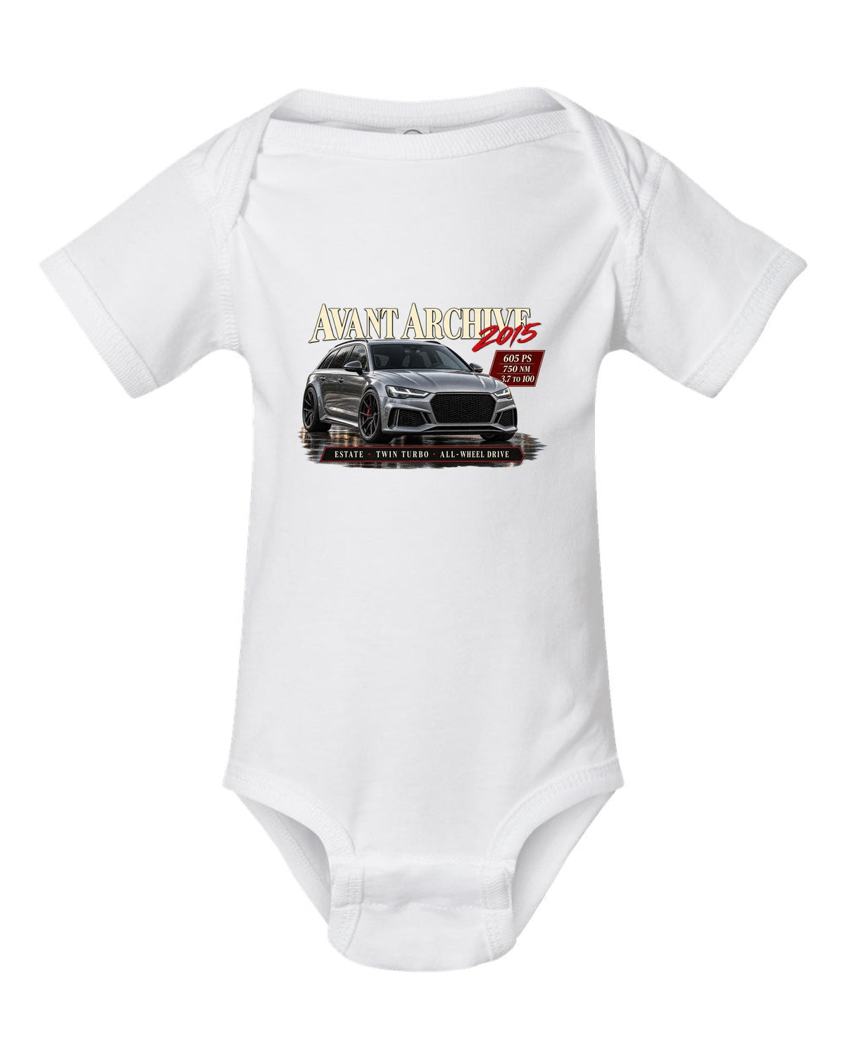 Audi RS6 Avant C7 Performance front three-quarter in an archive panel with 605 PS spec text white baby onesie front view with the design