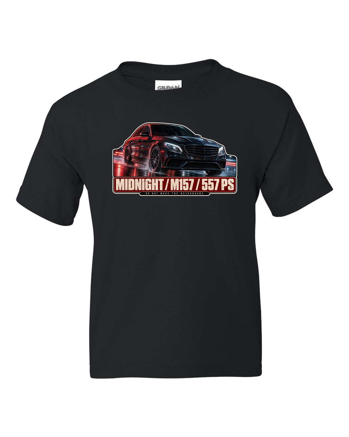 Night street print of a Mercedes-AMG E63 W212 facelift in blue and red light black kids tee front view with the design