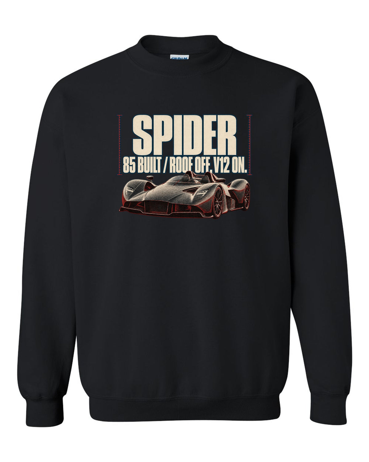 Aston Martin Valkyrie Spider 2022 halftone print with 85 built and roof off V12 on text black crewneck front view with the design