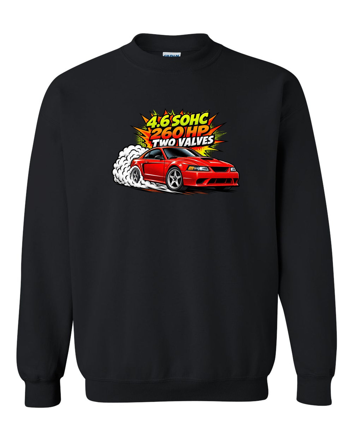 Comic halftone pop-art print of a 1999-2004 Ford Mustang SN95 New Edge burnout black crewneck front view with the design