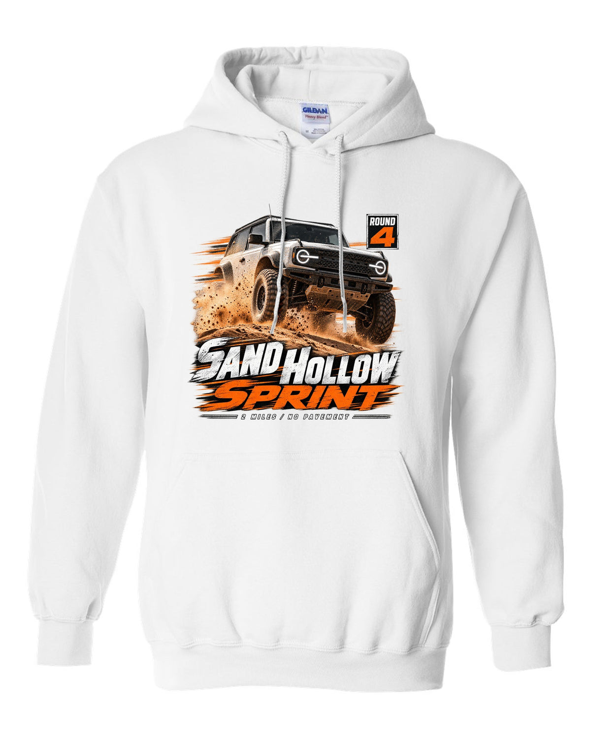 Jeep Wrangler JL dune sprint race poster print with Sand Hollow text white pull over hoodie front view with the design