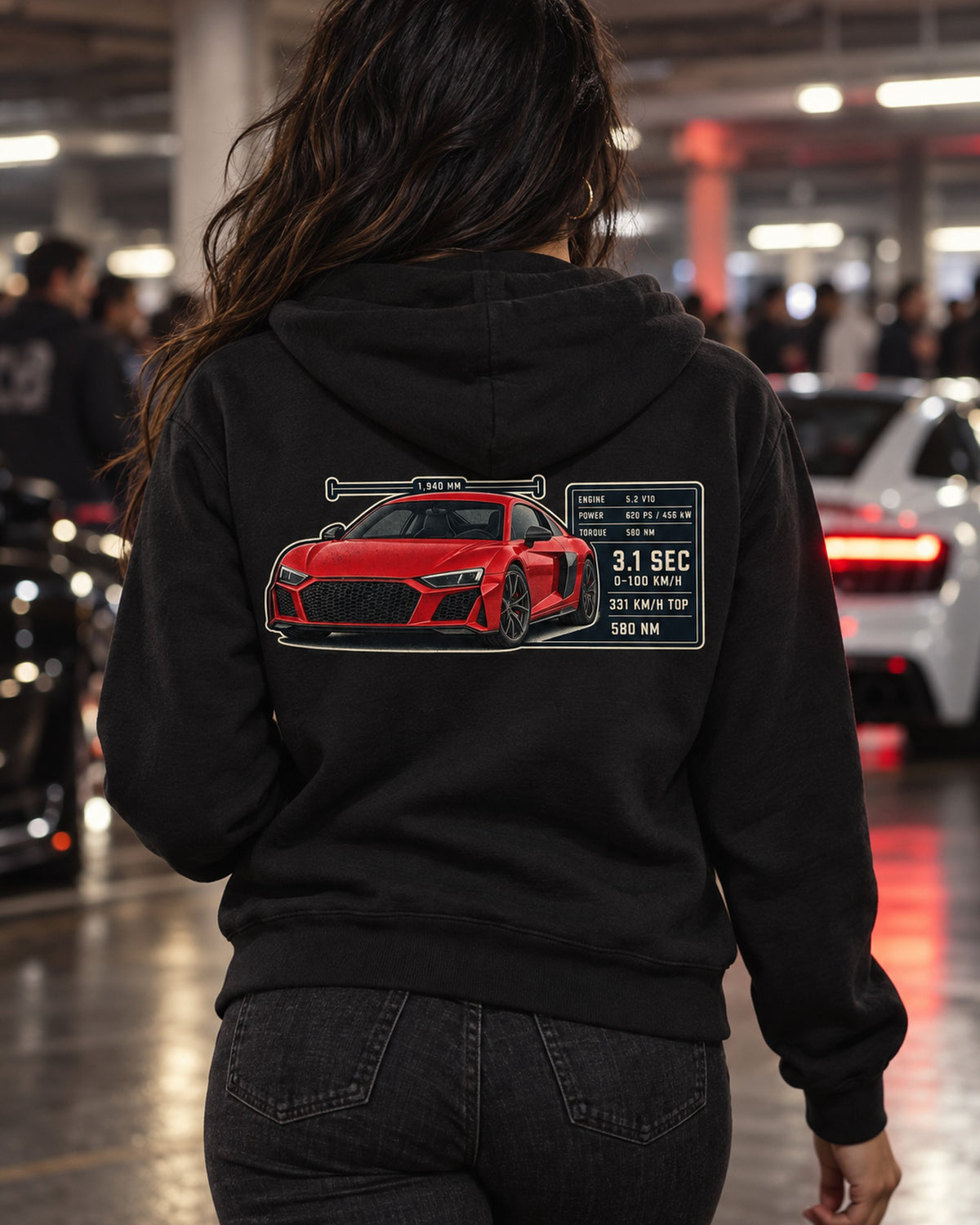 Audi R8 V10 Performance Spec Poster Tee, 331 km/h Top Speed Zip Hoodie Black worn hero