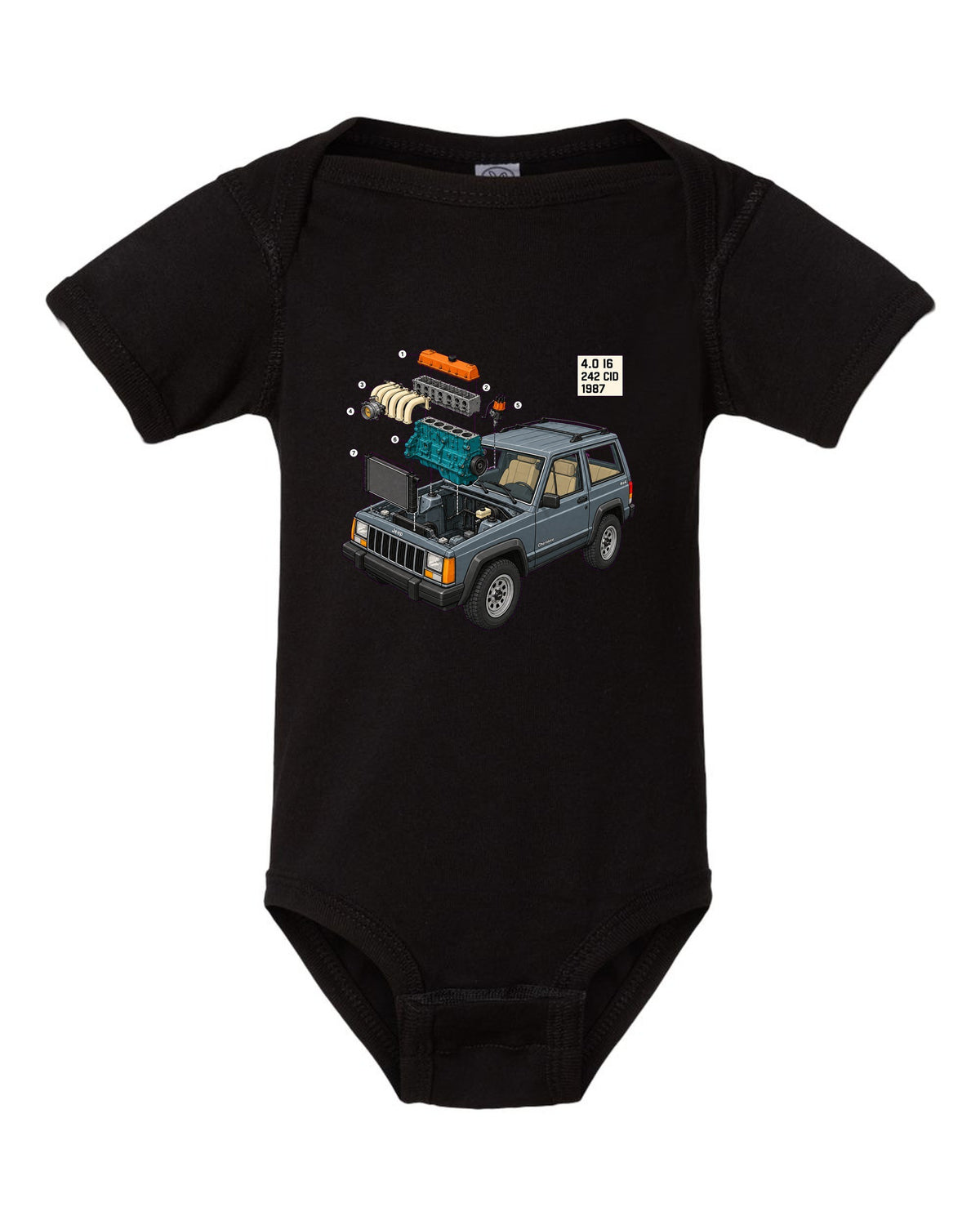 Isometric exploded diagram of a Jeep Cherokee XJ 4.0 inline six engine bay black baby onesie front view with the design