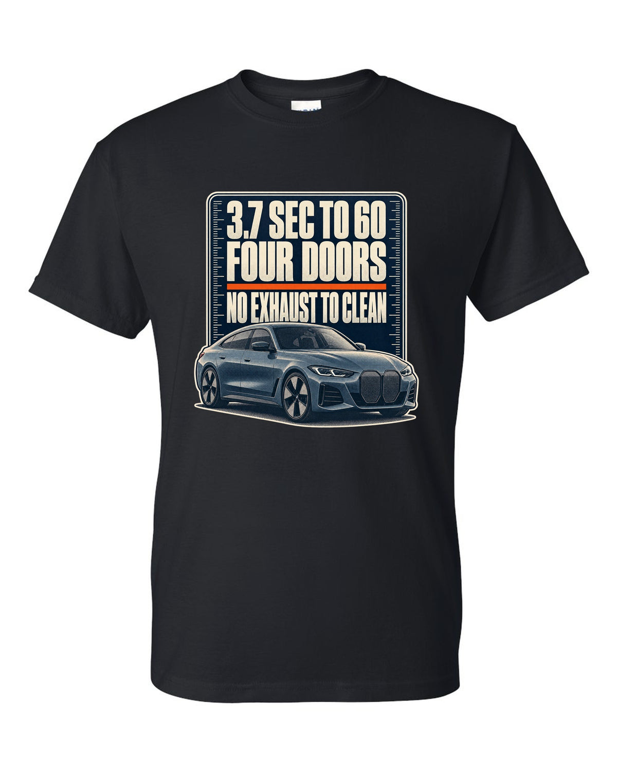 Halftone print of the BMW i4 M50 G26 with 3.7 second 0-60 time black t-shirt front view with the design