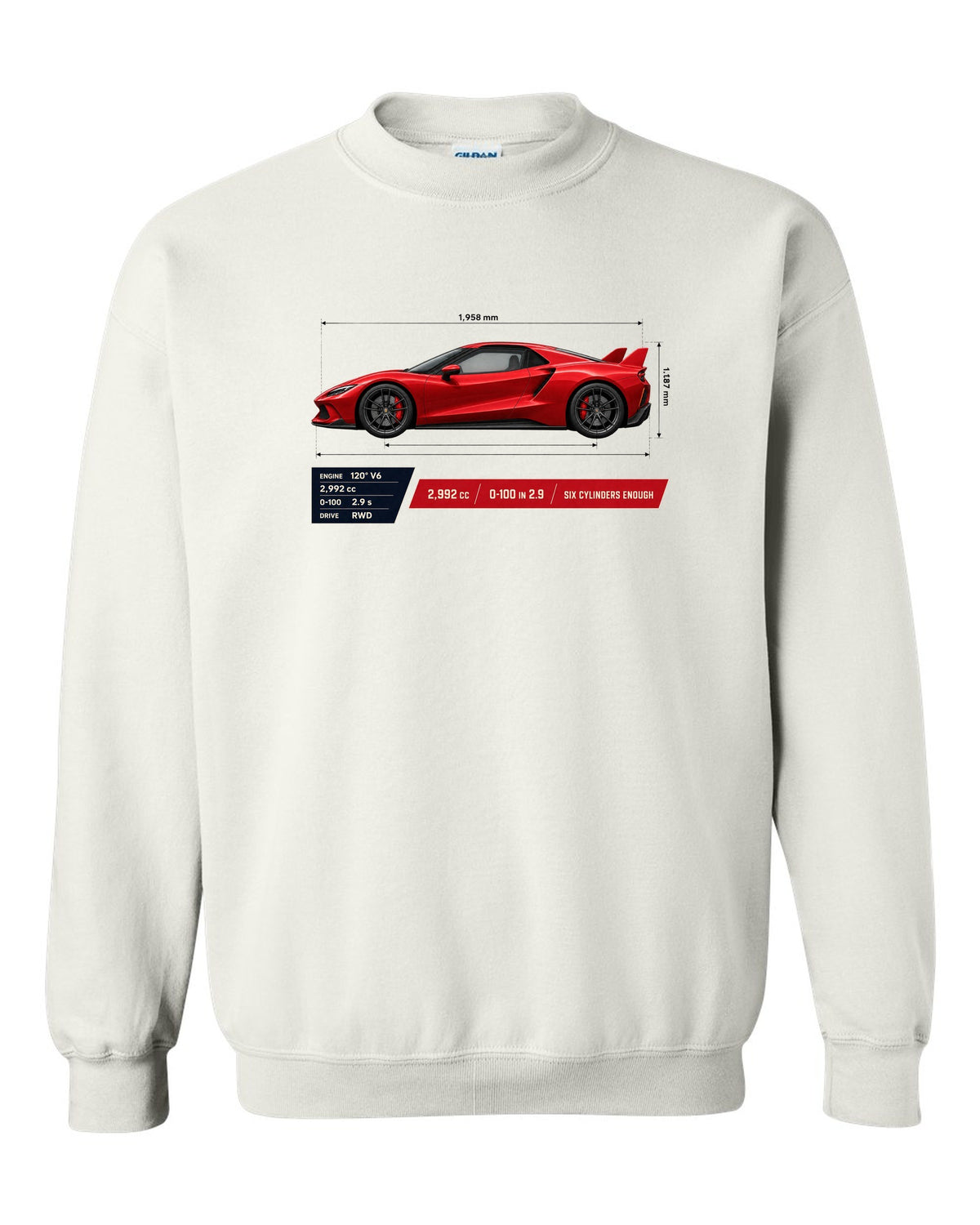 Ferrari 296 GTB spec poster print with 2,992 cc and 0-100 in 2.9 white crewneck front view with the design