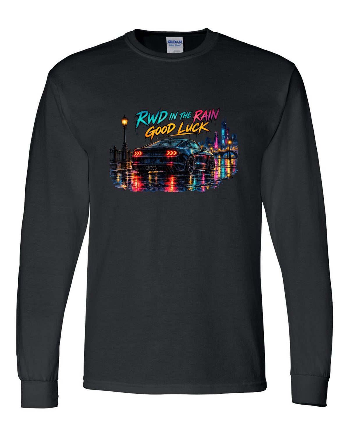 Hyundai Genesis Coupe BK2 watercolour wet road night print with RWD in the rain text black long sleeve front view with the design