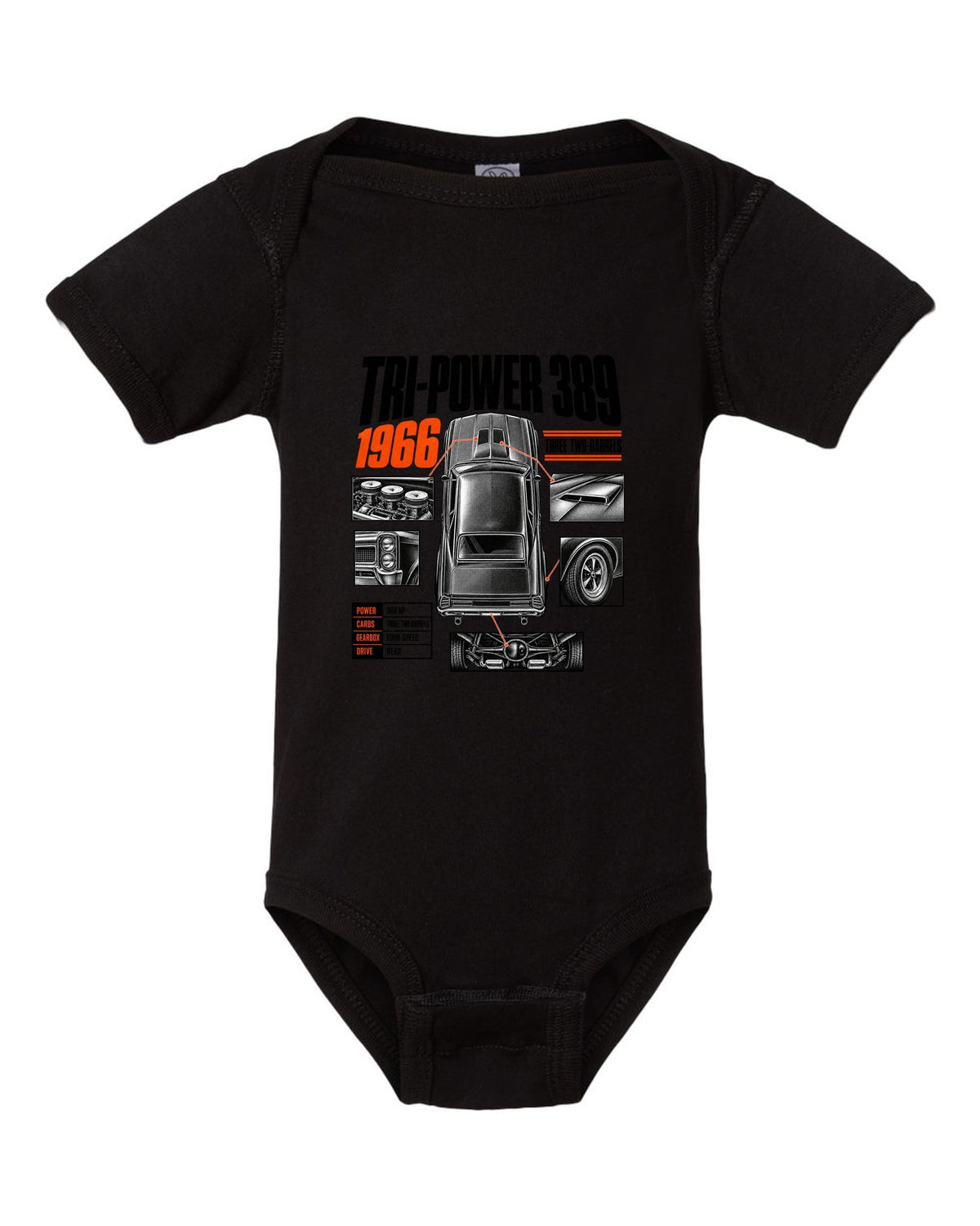 print spec poster of a 1966 Pontiac GTO with Tri-Power 389 lettering black baby onesie front view with the design