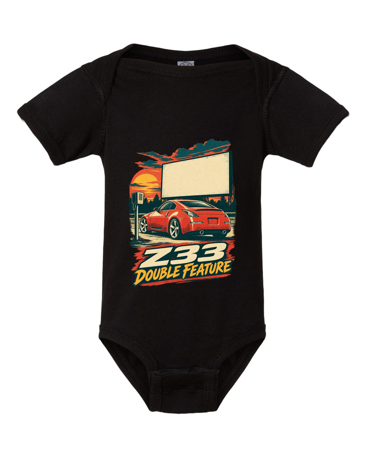 Vintage lithograph race poster print of a Nissan 350Z Z33 at a drive-in black baby onesie front view with the design