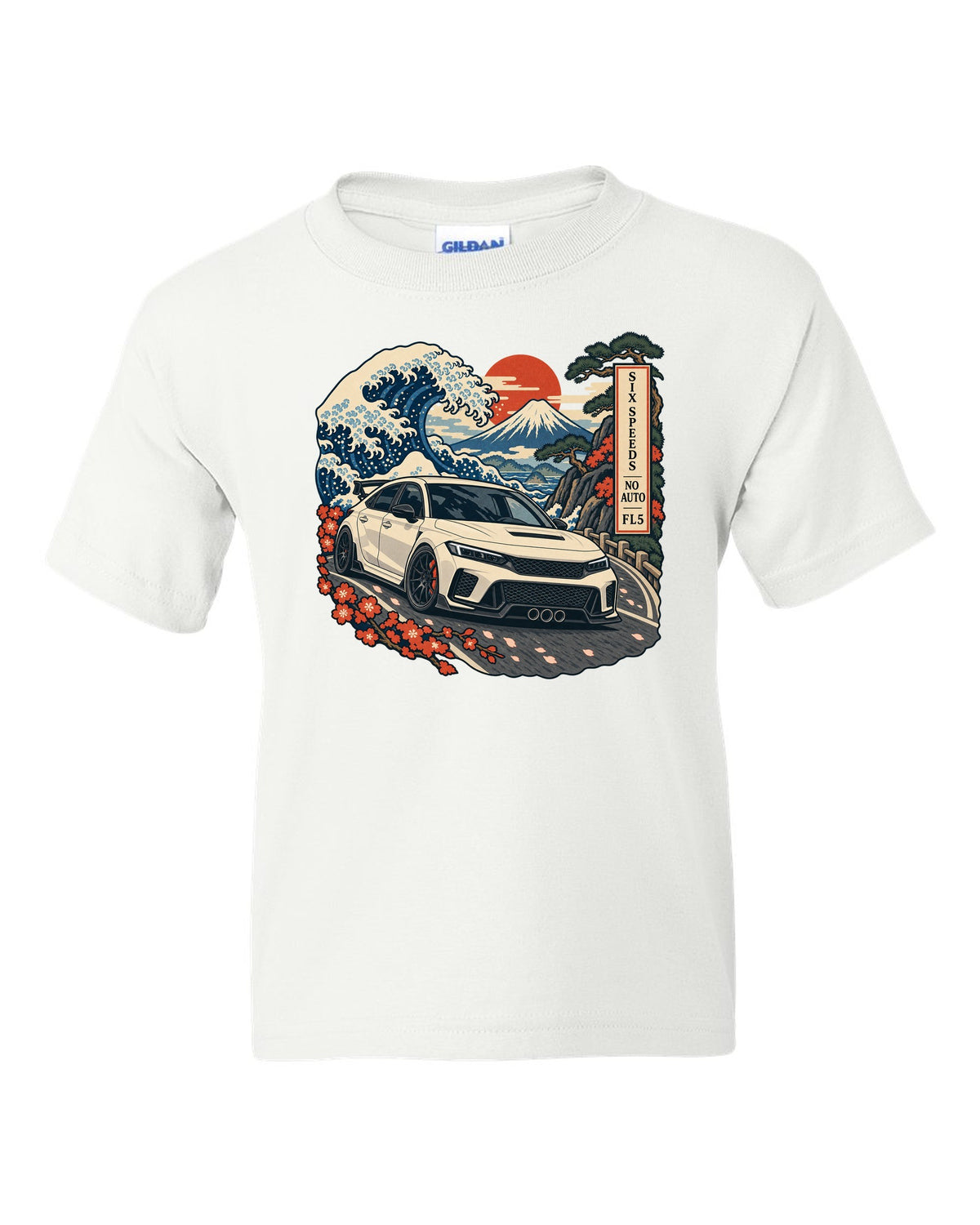 Ukiyo-e woodblock print of a 2023 Honda Civic Type R FL5 on a Fuji pass with six speeds no auto text white kids tee front view with the design