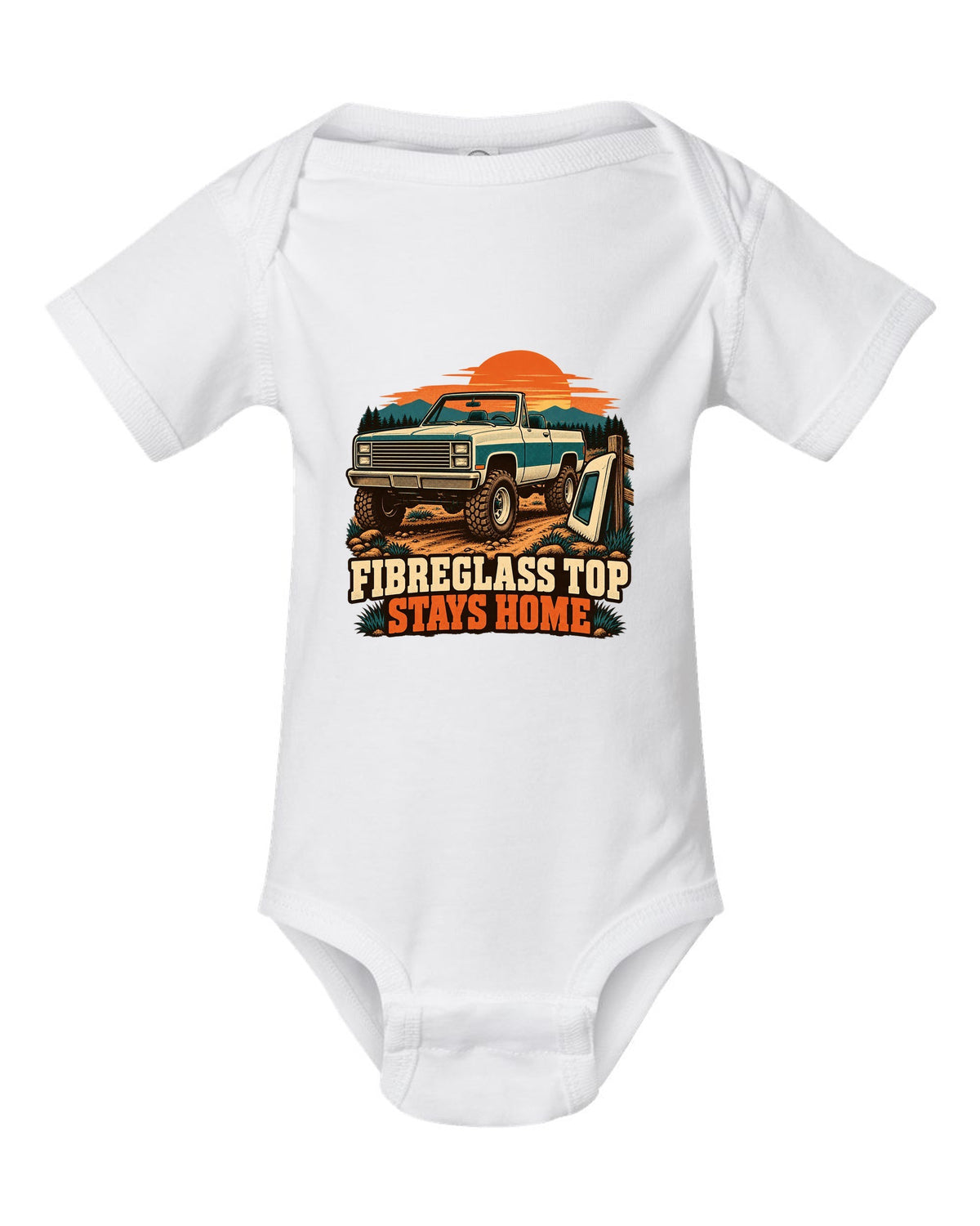 Retro two-colour print of a 1973-91 Chevrolet K5 Blazer with the top removed and FIBREGLASS TOP STAYS HOME text white baby onesie front view with the design