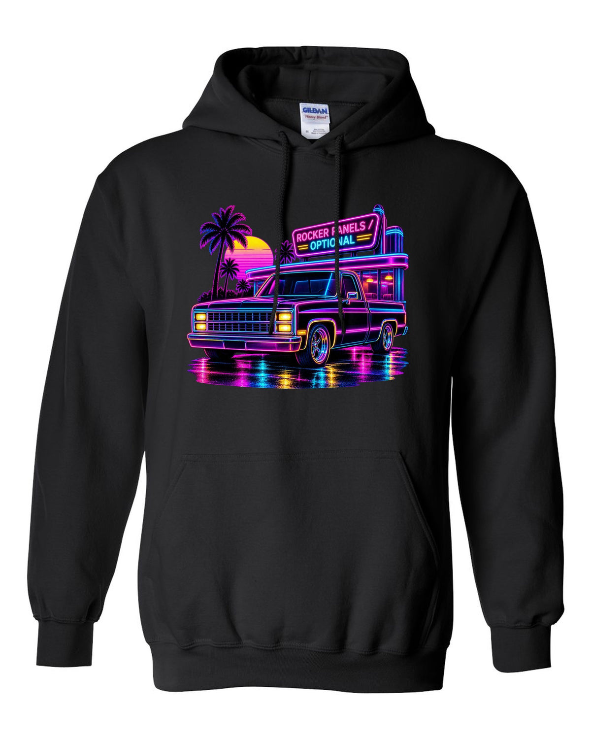 Neon synthwave line art print of a 1973-87 Chevrolet C10 Squarebody at a diner with rocker panels optional lettering black pull over hoodie front view with the design