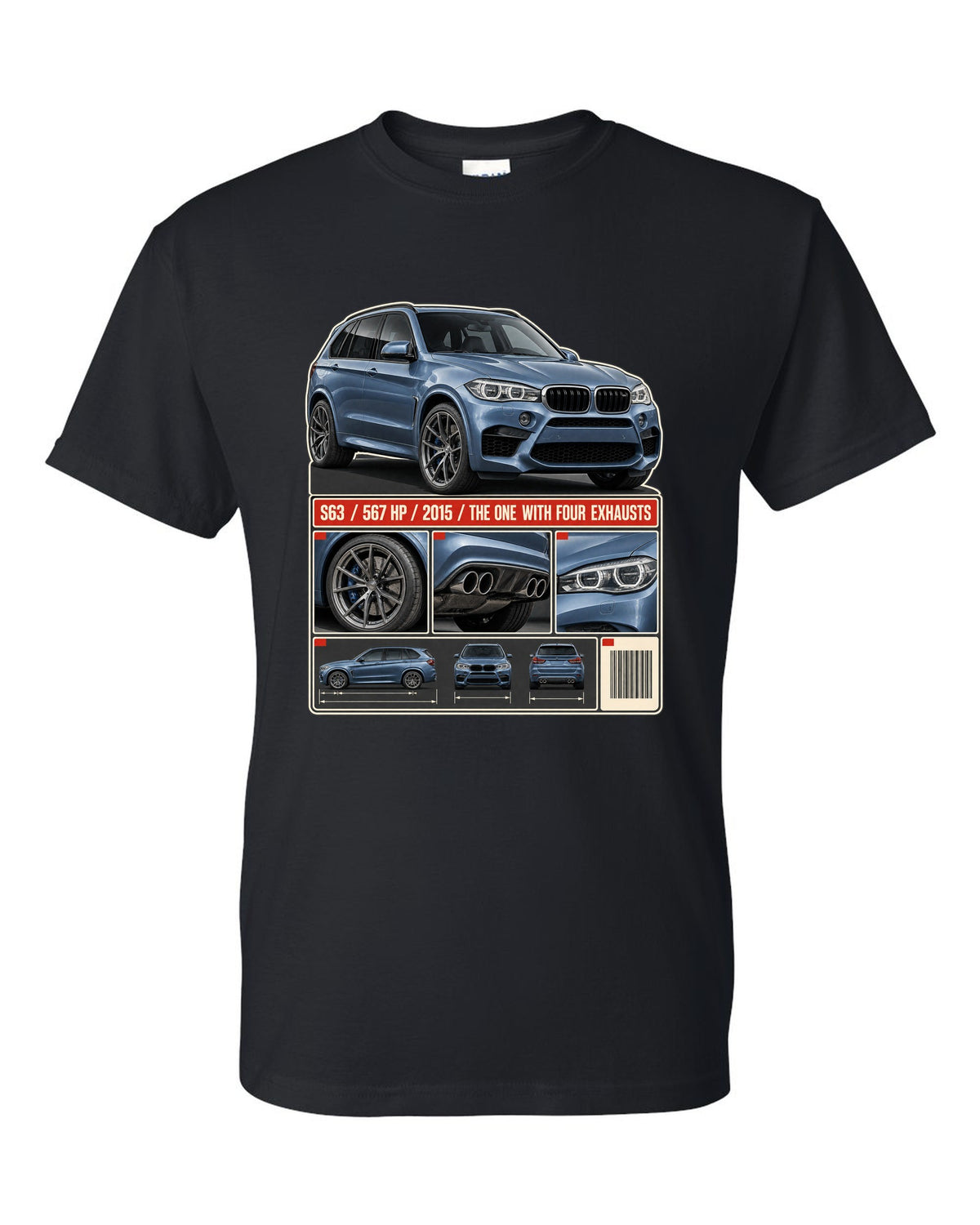 BMW X5 M F85 dossier panels print on a tee black t-shirt front view with the design