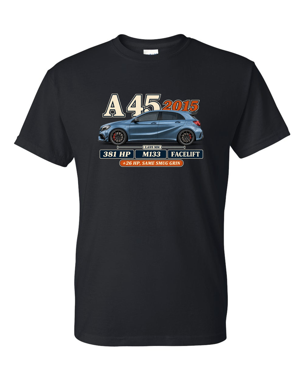 Mercedes-AMG A45 W176 facelift 2015 archive panel print black t-shirt front view with the design