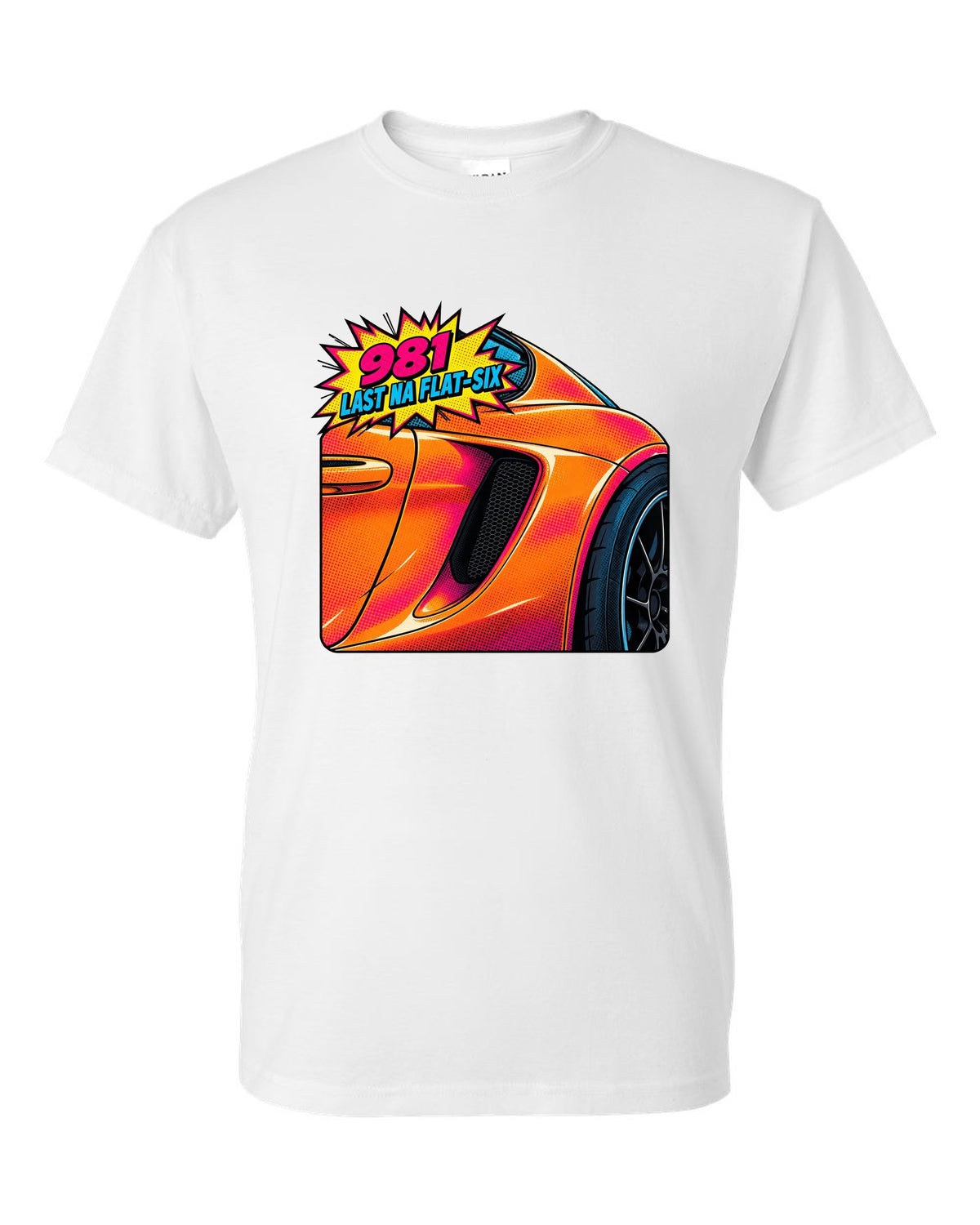 Pop-art halftone print of a Porsche 981 Cayman GTS intake with the text 981, last NA flat-six white t-shirt front view with the design
